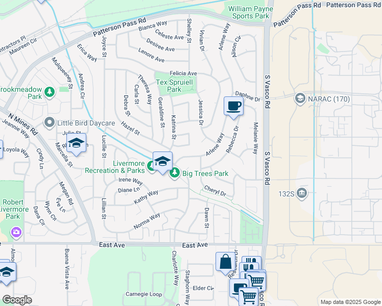 map of restaurants, bars, coffee shops, grocery stores, and more near 5472 Arlene Way in Livermore