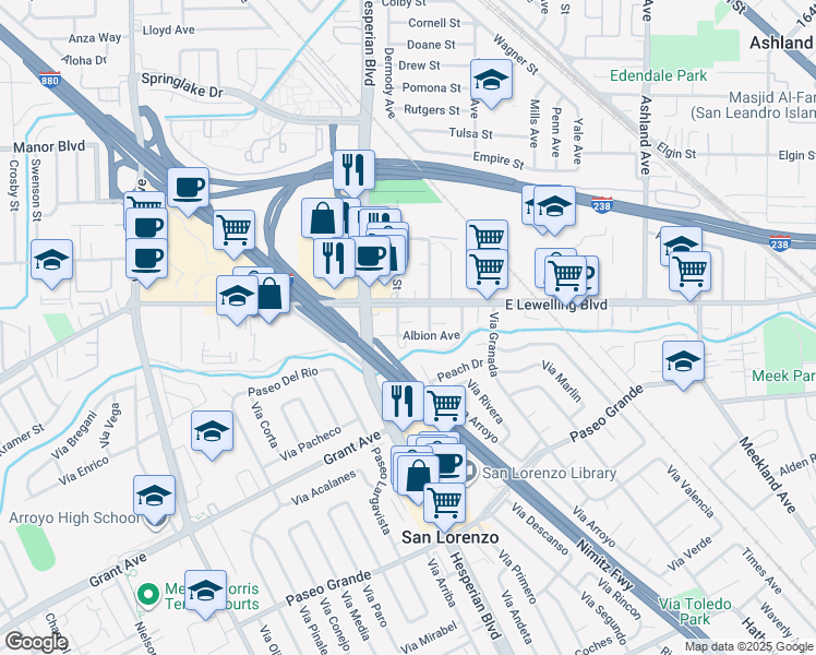 map of restaurants, bars, coffee shops, grocery stores, and more near 369 Albion Avenue in San Lorenzo