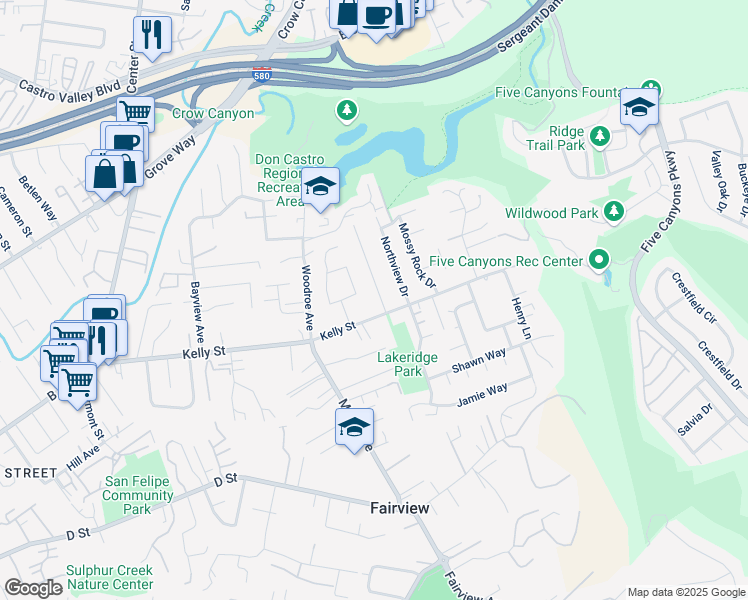 map of restaurants, bars, coffee shops, grocery stores, and more near 22653 Byron St in Hayward