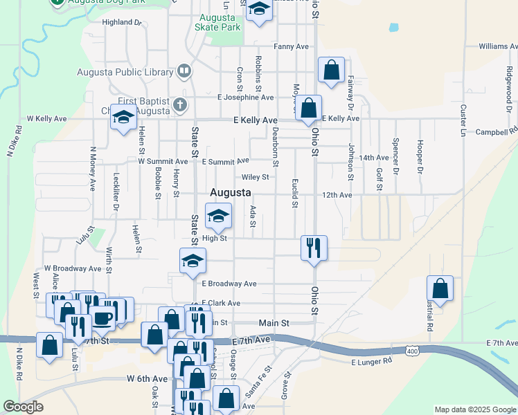 map of restaurants, bars, coffee shops, grocery stores, and more near 1150 Ada St in Augusta