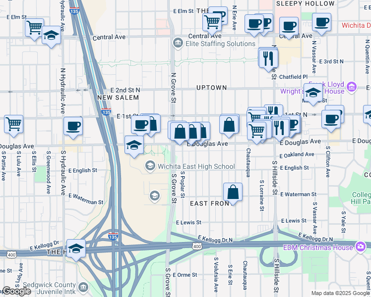 map of restaurants, bars, coffee shops, grocery stores, and more near 2501 East Douglas Avenue in Wichita