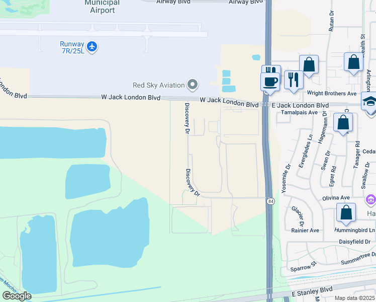 map of restaurants, bars, coffee shops, grocery stores, and more near Discovery Drive in Livermore