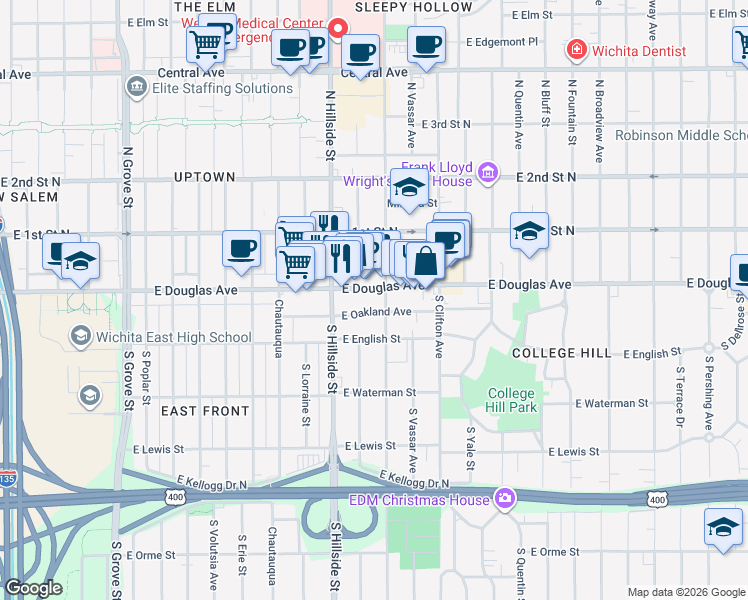 map of restaurants, bars, coffee shops, grocery stores, and more near 3219 East Douglas Avenue in Wichita