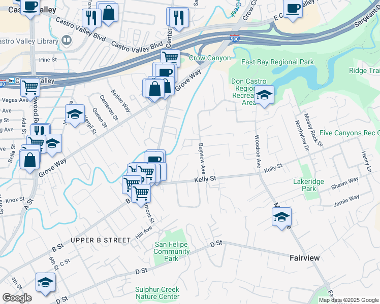 map of restaurants, bars, coffee shops, grocery stores, and more near 22613 Wildwood Street in Hayward