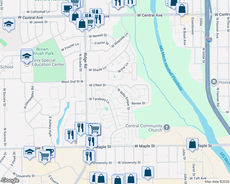 map of restaurants, bars, coffee shops, grocery stores, and more near 273 North Willo-Esque Court in Wichita