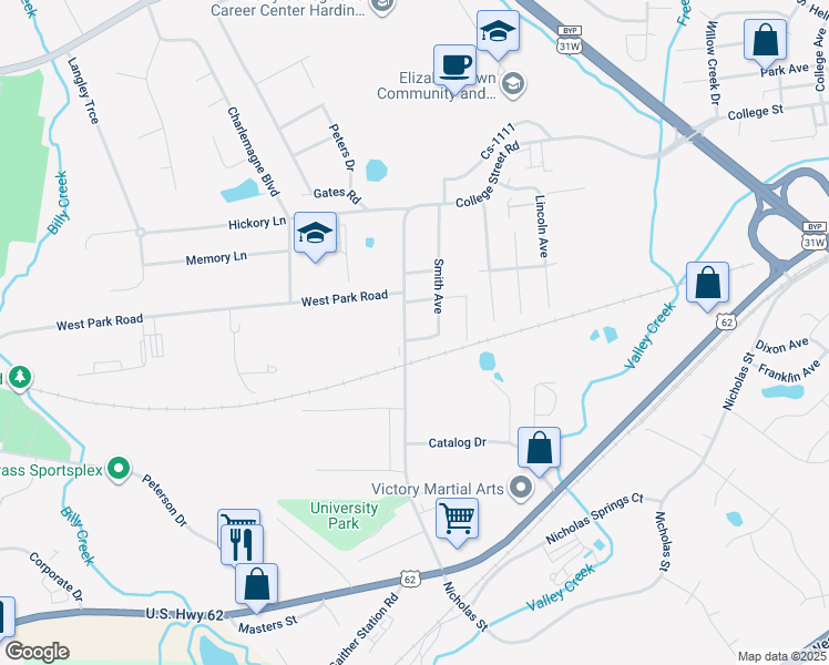 map of restaurants, bars, coffee shops, grocery stores, and more near 628 Smith Avenue in Elizabethtown