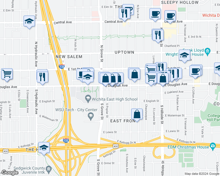 map of restaurants, bars, coffee shops, grocery stores, and more near 2503 East Douglas Avenue in Wichita