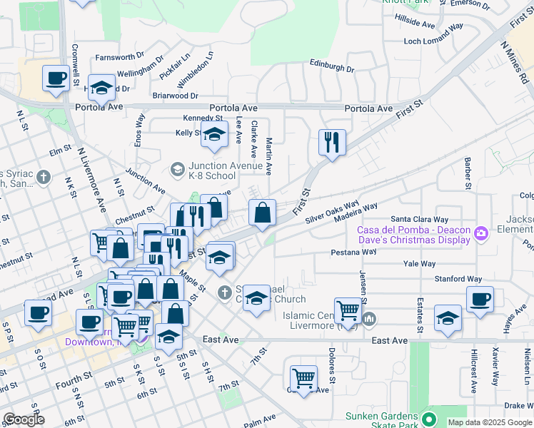 map of restaurants, bars, coffee shops, grocery stores, and more near 2977 Patcham Common in Livermore