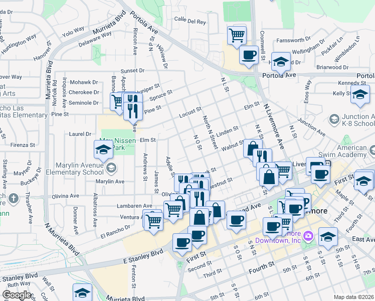 map of restaurants, bars, coffee shops, grocery stores, and more near 590 North P Street in Livermore