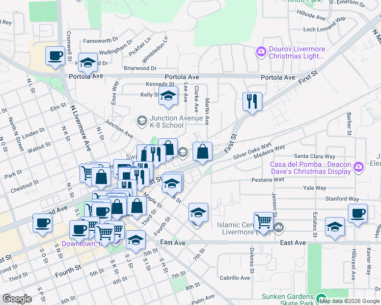 map of restaurants, bars, coffee shops, grocery stores, and more near 2912 Worthing Common in Livermore