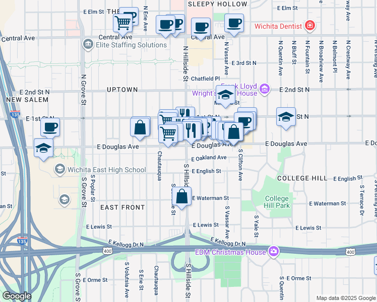 map of restaurants, bars, coffee shops, grocery stores, and more near 110 South Hillside Street in Wichita