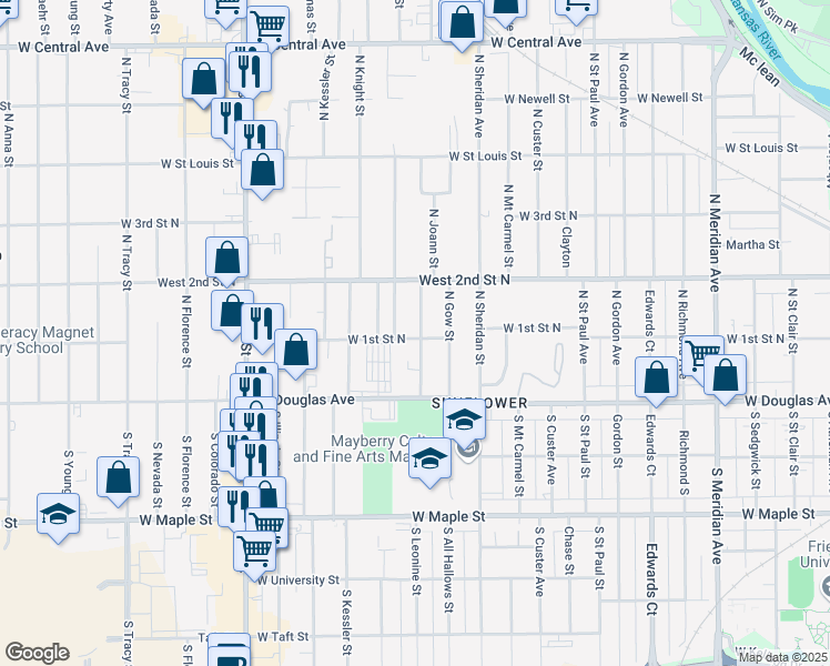 map of restaurants, bars, coffee shops, grocery stores, and more near 201 Joann North in Wichita