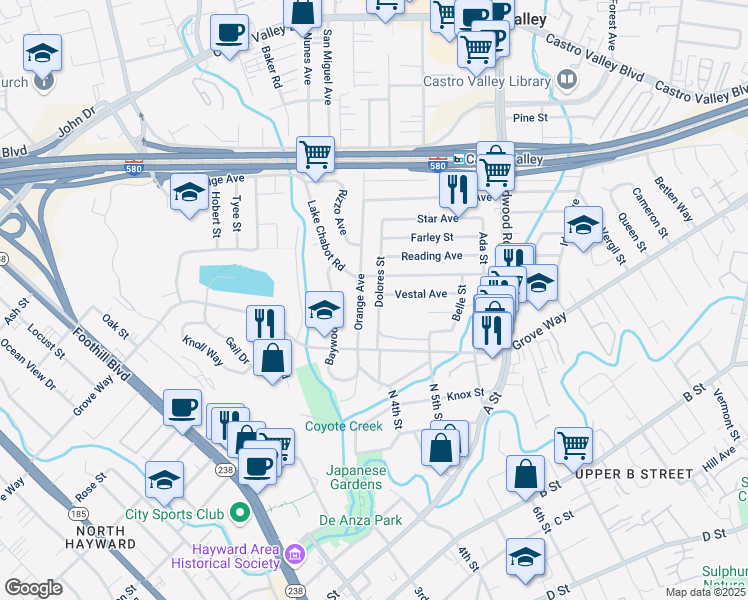 map of restaurants, bars, coffee shops, grocery stores, and more near 21933 Dolores Street in Castro Valley