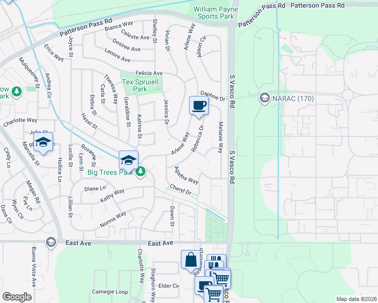 map of restaurants, bars, coffee shops, grocery stores, and more near 1407 Rebecca Drive in Livermore