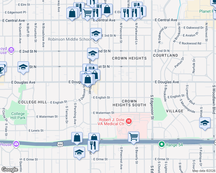 map of restaurants, bars, coffee shops, grocery stores, and more near 110 South Bleckley Drive in Wichita