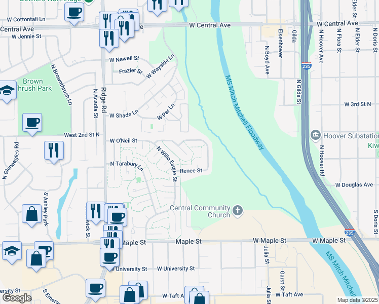 map of restaurants, bars, coffee shops, grocery stores, and more near 6637 West Oneil Court in Wichita