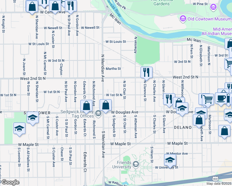 map of restaurants, bars, coffee shops, grocery stores, and more near 200 North Sedgwick Street in Wichita