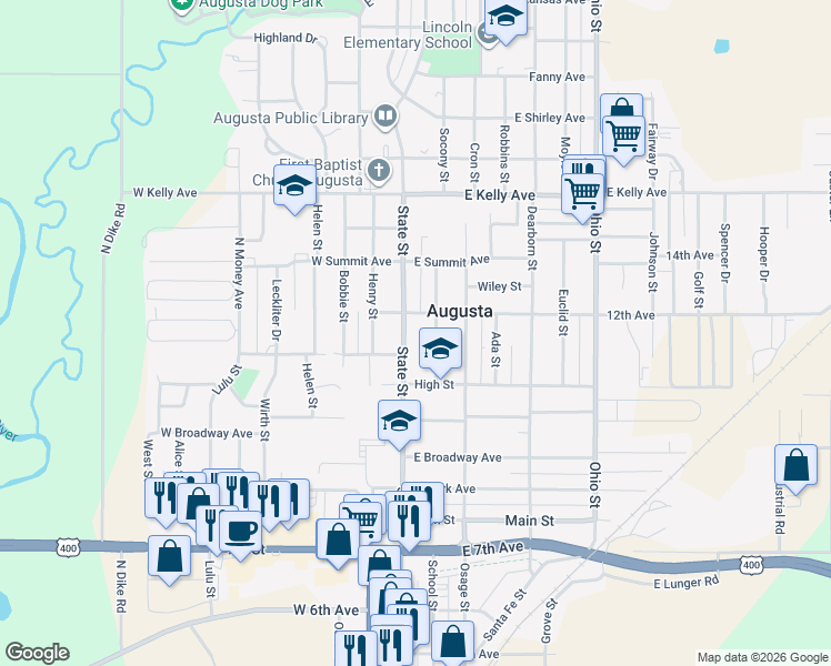 map of restaurants, bars, coffee shops, grocery stores, and more near 1136 State Street in Augusta