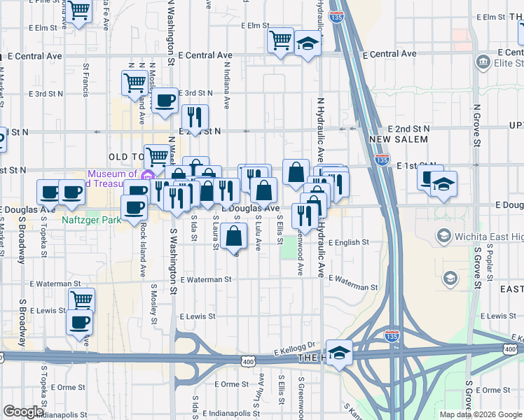 map of restaurants, bars, coffee shops, grocery stores, and more near 1351 East Douglas Avenue in Wichita