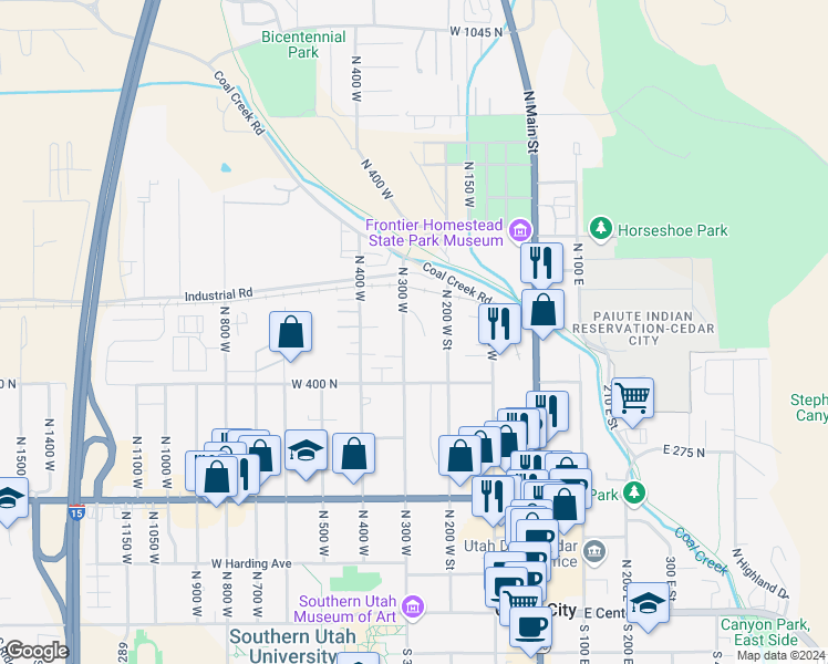map of restaurants, bars, coffee shops, grocery stores, and more near 500 N 300 W in Cedar City