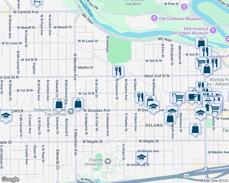 map of restaurants, bars, coffee shops, grocery stores, and more near 200 North Clarence Street in Wichita