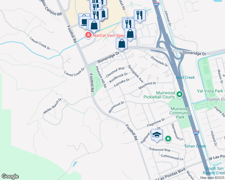map of restaurants, bars, coffee shops, grocery stores, and more near 7864 Fairoaks Drive in Pleasanton