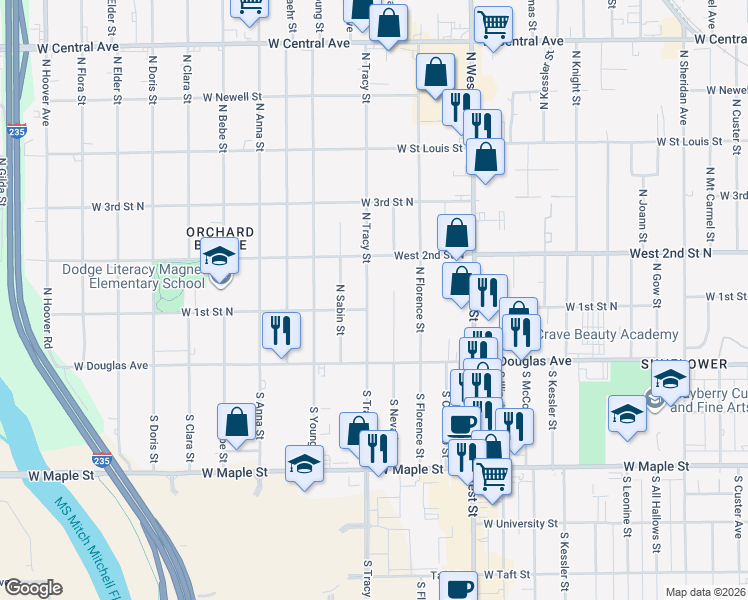 map of restaurants, bars, coffee shops, grocery stores, and more near 212 North Tracy Street in Wichita