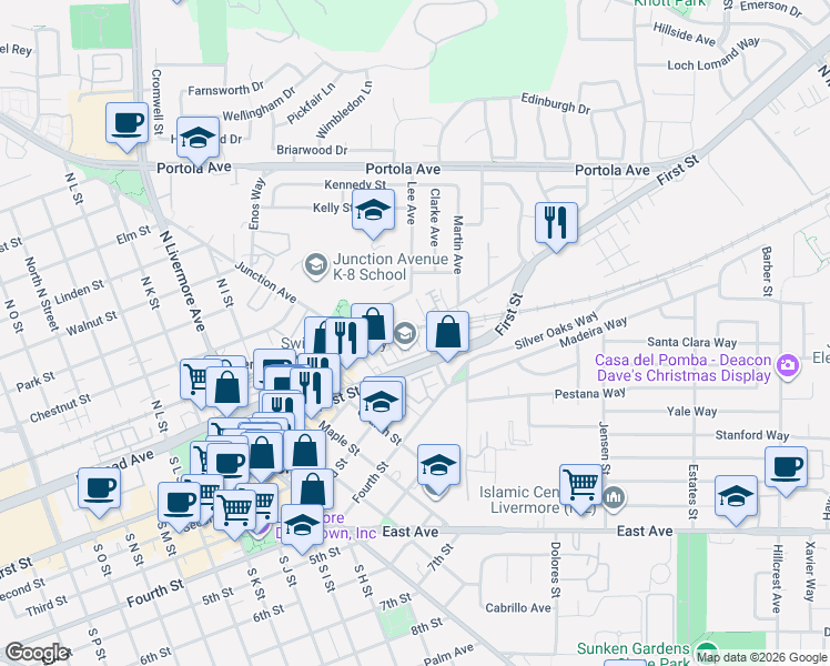 map of restaurants, bars, coffee shops, grocery stores, and more near 2912 Worthing Common in Livermore