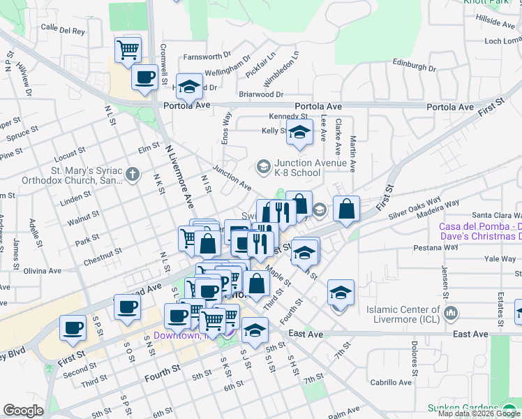 map of restaurants, bars, coffee shops, grocery stores, and more near 269 Junction Avenue in Livermore