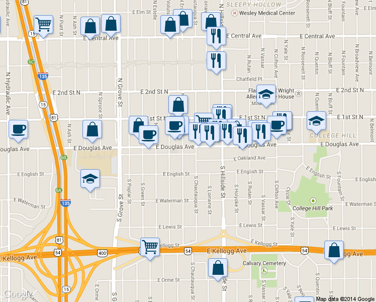 map of restaurants, bars, coffee shops, grocery stores, and more near 2911 E Douglas Ave in Wichita