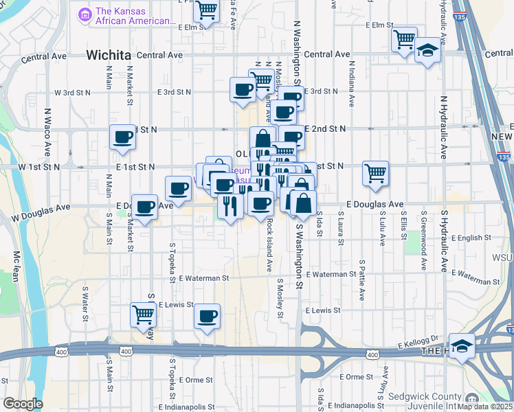 map of restaurants, bars, coffee shops, grocery stores, and more near 729 East Douglas Avenue in Wichita