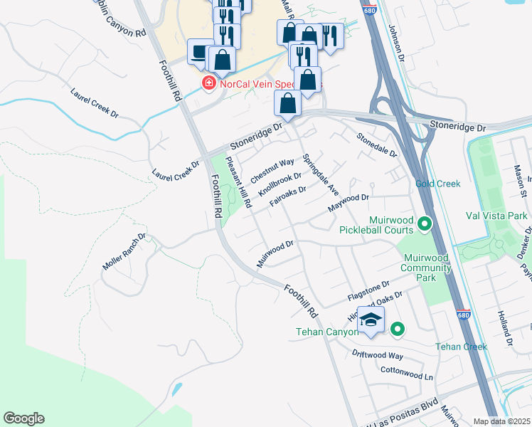 map of restaurants, bars, coffee shops, grocery stores, and more near 7864 Fairoaks Drive in Pleasanton