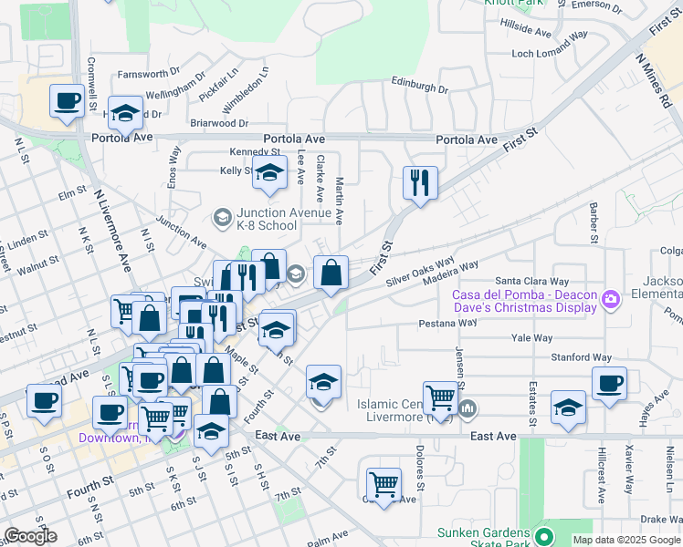 map of restaurants, bars, coffee shops, grocery stores, and more near 2991 Worthing Common in Livermore