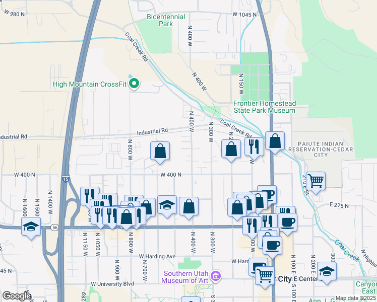 map of restaurants, bars, coffee shops, grocery stores, and more near 491 North 400 West in Cedar City