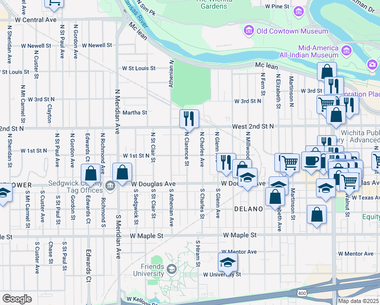 map of restaurants, bars, coffee shops, grocery stores, and more near 200 North Clarence Street in Wichita