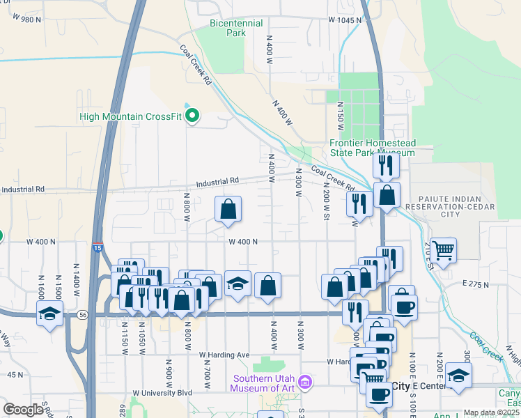 map of restaurants, bars, coffee shops, grocery stores, and more near 491 North 400 West in Cedar City