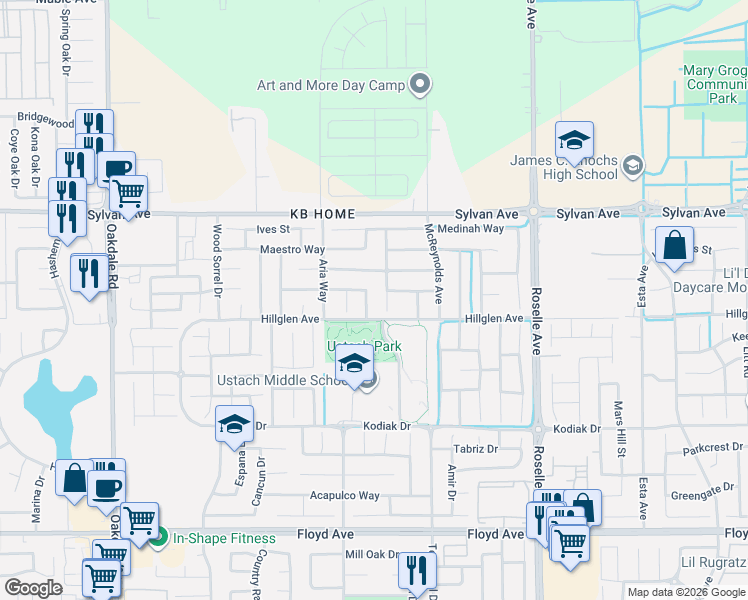 map of restaurants, bars, coffee shops, grocery stores, and more near 3317 Princeville Court in Modesto