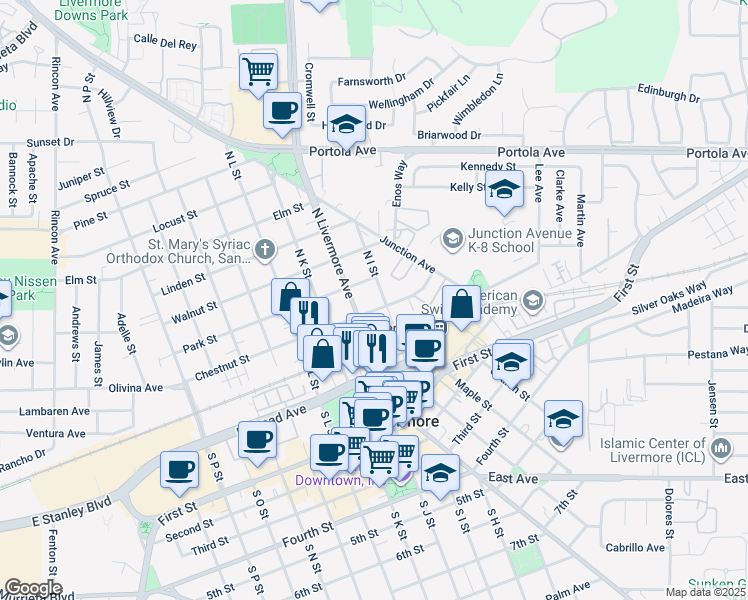 map of restaurants, bars, coffee shops, grocery stores, and more near 352 North Livermore Avenue in Livermore
