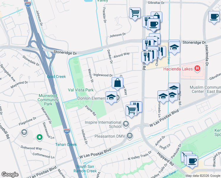 map of restaurants, bars, coffee shops, grocery stores, and more near 6353 Dana Court in Pleasanton
