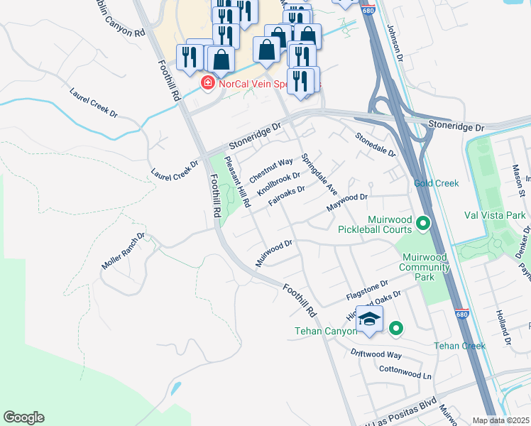 map of restaurants, bars, coffee shops, grocery stores, and more near 5367 Midvale Court in Pleasanton
