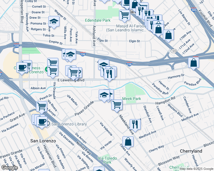 map of restaurants, bars, coffee shops, grocery stores, and more near 16860 Meekland Avenue in San Lorenzo