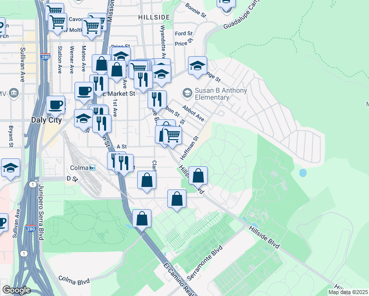 map of restaurants, bars, coffee shops, grocery stores, and more near 672 Villa Street in Daly City