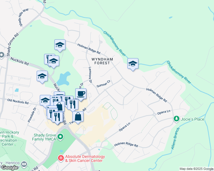 map of restaurants, bars, coffee shops, grocery stores, and more near 11909 Sumner Court in Glen Allen