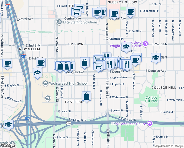 map of restaurants, bars, coffee shops, grocery stores, and more near 2911 East Douglas Avenue in Wichita