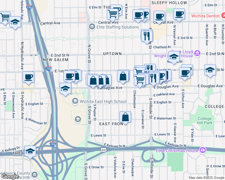 map of restaurants, bars, coffee shops, grocery stores, and more near 2621 East Douglas Avenue in Wichita