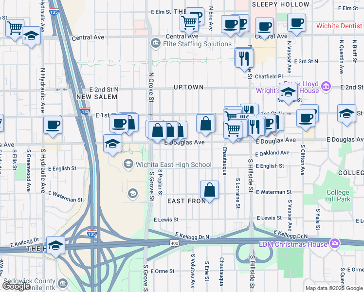 map of restaurants, bars, coffee shops, grocery stores, and more near 2621 East Douglas Avenue in Wichita