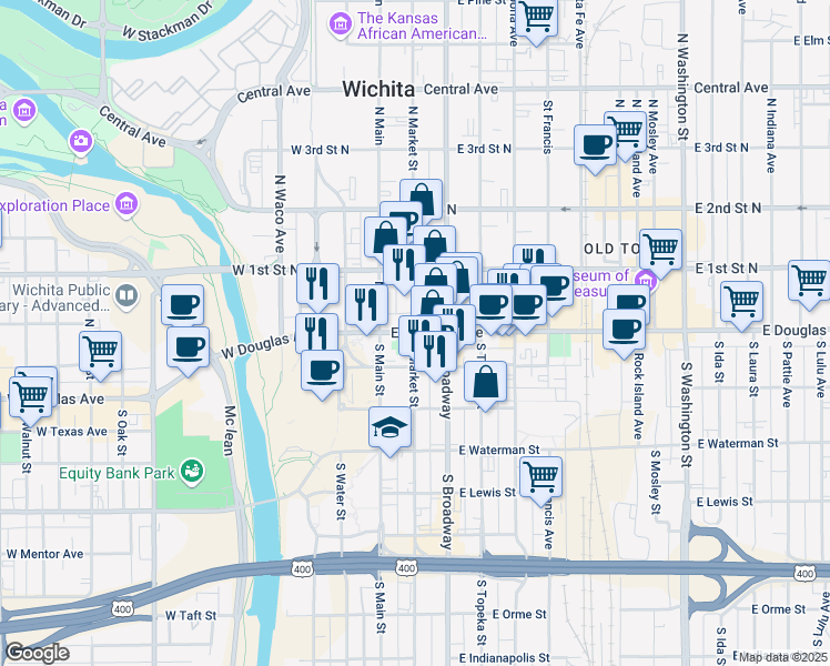 map of restaurants, bars, coffee shops, grocery stores, and more near 200 East Douglas Avenue in Wichita