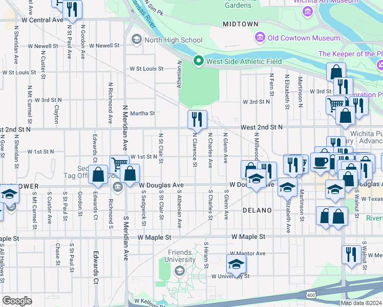 map of restaurants, bars, coffee shops, grocery stores, and more near 200 North Clarence Street in Wichita