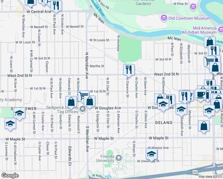 map of restaurants, bars, coffee shops, grocery stores, and more near 202 North Saint Clair Street in Wichita