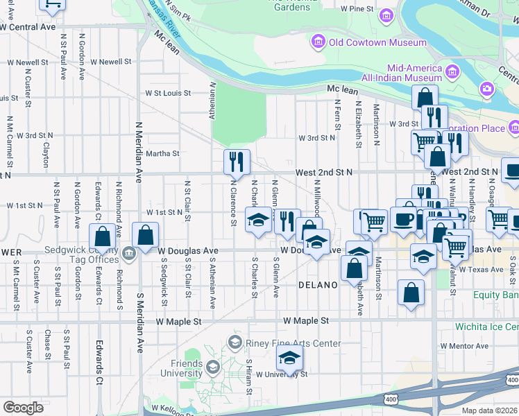 map of restaurants, bars, coffee shops, grocery stores, and more near 200 North Charles Avenue in Wichita